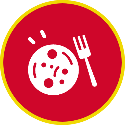 A graphic of a white plate with food and a fork on a red circle background surrounded by a yellow border.