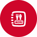 Round red icon with a white rectangle featuring a fork, knife, and the word "menu" inside, indicative of a dining or restaurant app button.