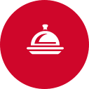 A white serving tray icon centered on a red circular background.