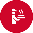 A red circular icon depicting a white silhouette of a person wearing a cap and holding a steaming dish.