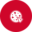 A simple vector icon of a pizza on a red background, with one slice separated from the whole pizza.