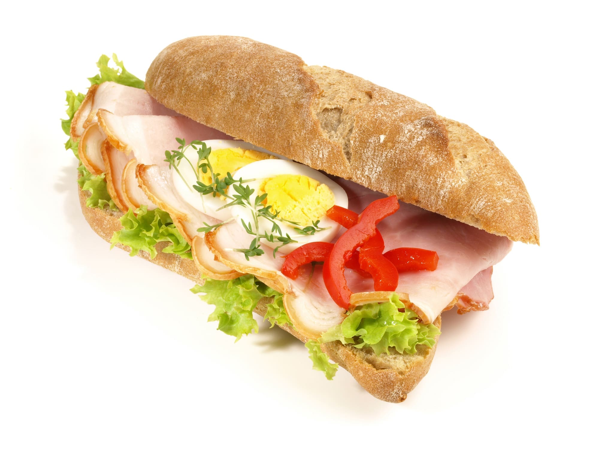 Baguette sandwich with ham, egg, and lettuce