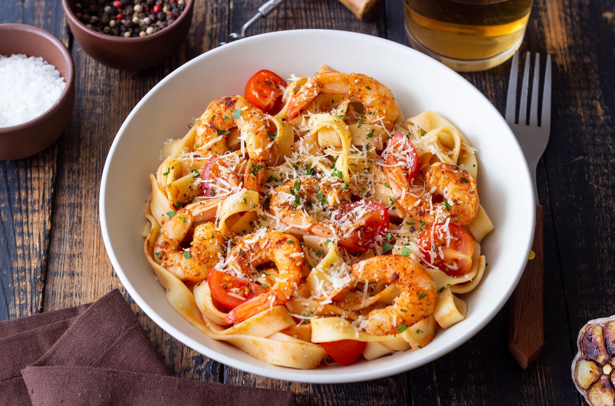 Shrimp pasta with cherry tomatoes and parmesan