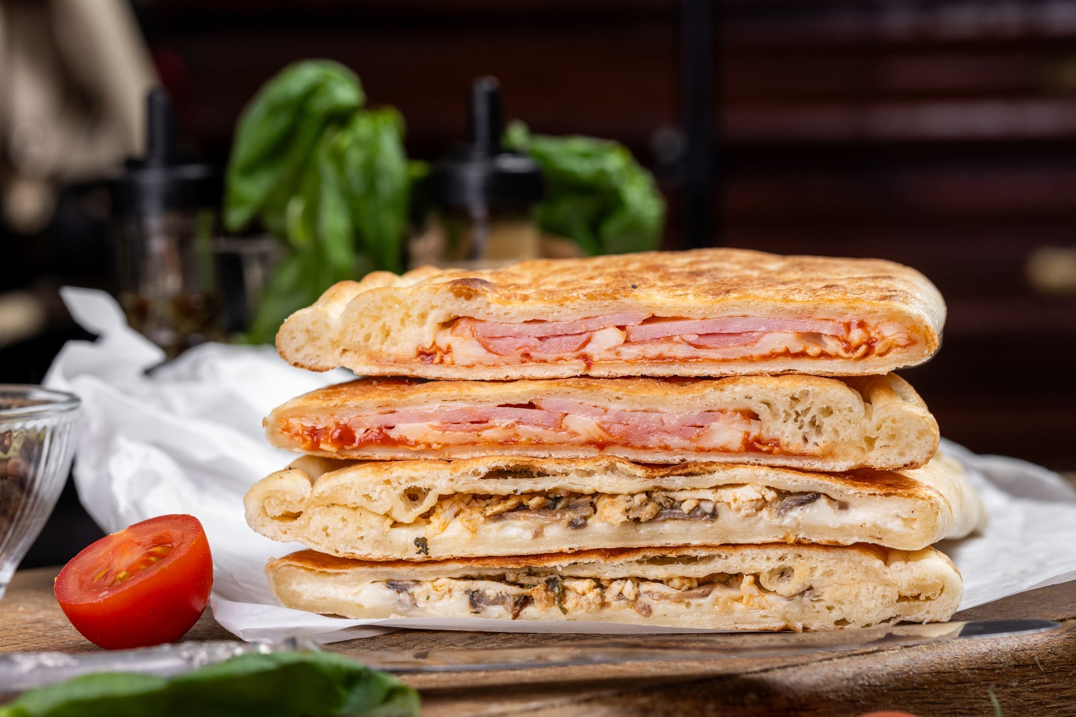 Stacked toasted panini with ham and mushrooms