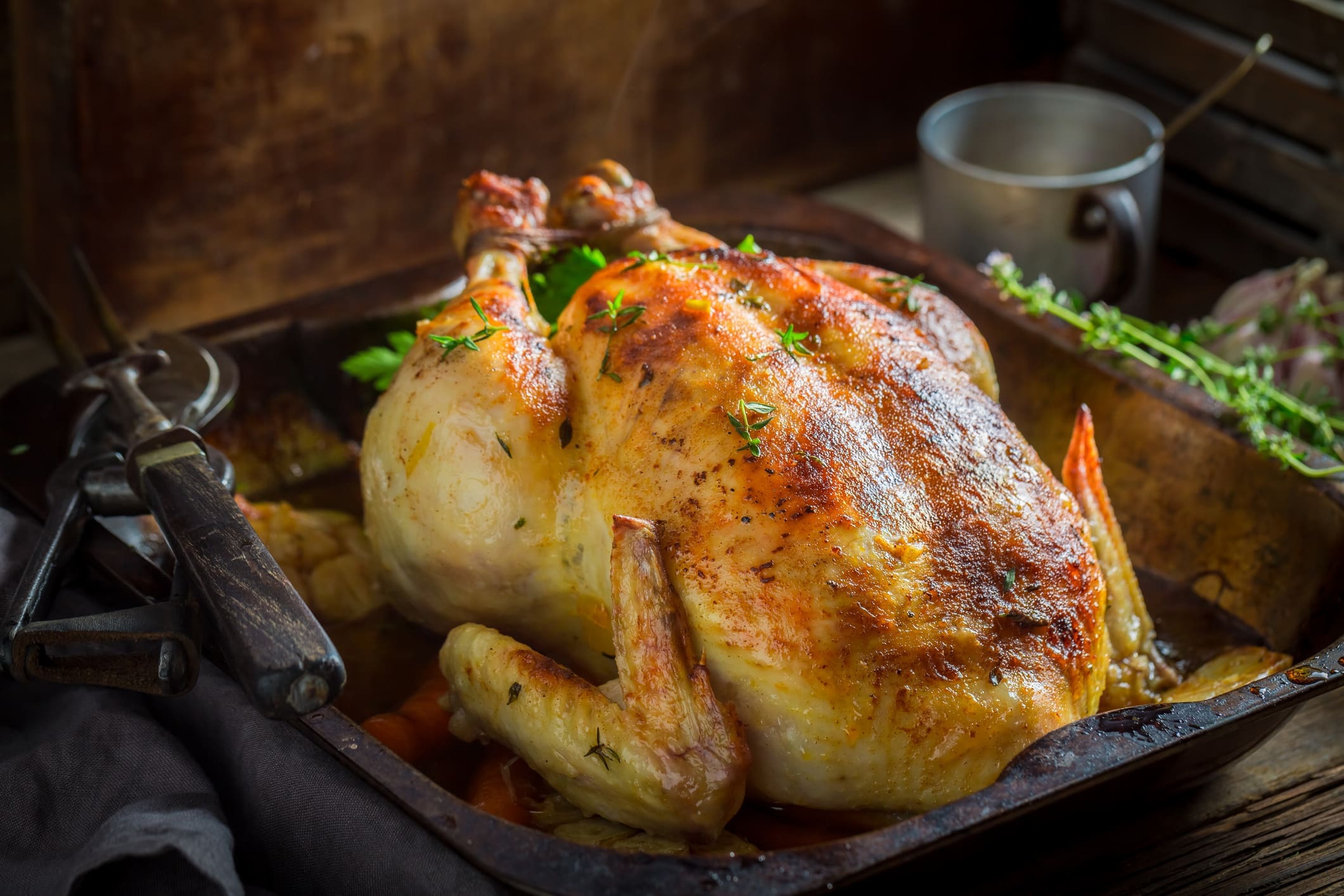 Roasted whole chicken with fresh herbs